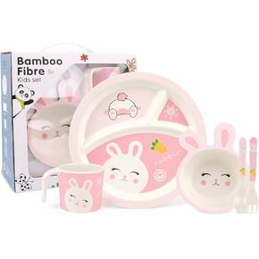 Rabbit Toddler Plate Set 5 Pieces Includes 3-Section Divided Plate, Bowl, Tumbler and Utensil Tableware, Non-BPA Bamboo Fiber Material Perfect for Girls (Rabbit)