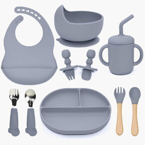 Silicone Baby Feeding Set, 10PCS Baby Led Weaning Supplies with Suction Bowl and Divided Plate, Bib Baby Cup Spoons Forks -Baby Feeding Essentials for 6+ Months