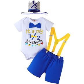 Baby Boy 1/2 First Birthday Outfit Half Way to One Birtday Cake Smash 4pcs pants Set Suspenders Romper Photo Shoot