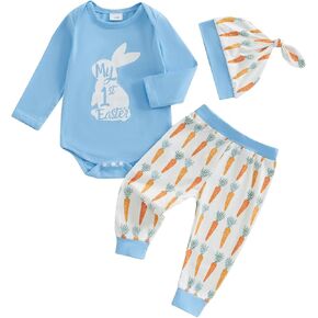 Lamuusaa Newborn Baby Boy Easter Outfit Long Sleeve My 1st Easter Romper Carrot Print Long Pants Hat 3Pcs Clothes Set 0-18M