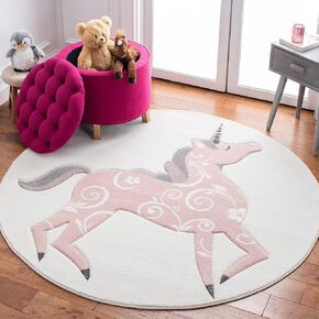SAFAVIEH Carousel Kids Collection 6'7" Round Ivory/Pink CRK163A Unicorn Non-Shedding Playroom Nursery Bedroom Area Rug