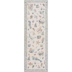 Soft Marine Animal Design Washable Faux Wool Stain Resistant Rug Rubber Non-Slip Backing for Playroom Bathroom Living Room Bedroom Bedside Cute Coastal Nautical Rug (Blue Multi, 3' Round)