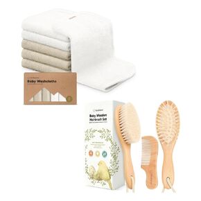 KeaBabies Baby Washcloths for Newborn, Kids and Baby Hair Brush and Baby Comb Set - Bath Baby Towels, Face Towel, Face Cloths - Wooden Baby Brush with Soft Goat Bristle