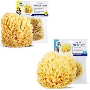 Baby Buddy Bathing Sponge Bundle; 1 Pack of Natural Yellow and 1 Pack of Wool Sea Sponge, Newborn Bath Time Essential
