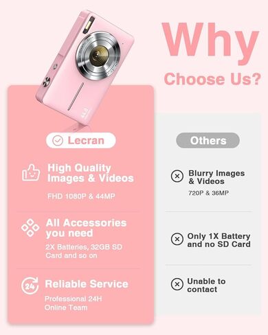 كاميرا رقمية للأطفال FHD 1080P مع بطاقة سعة 32 جيجابايت، بطاريتان، حبل قصير، تكبير 16X مضاد للاهتزاز، كاميرات صغيرة محمولة بدقة 44 ميجابكسل هدية للأطفال الطلاب والمراهقين والبنات (أخضر فاتح) in Kuwait