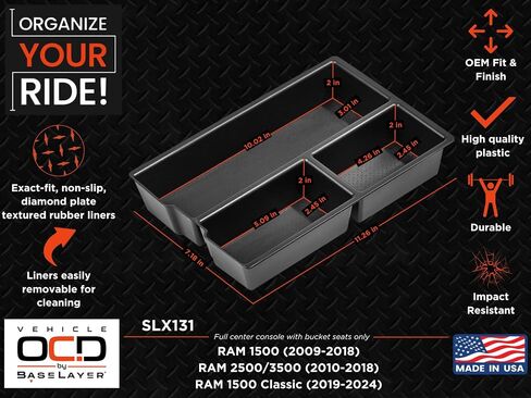 Vehicle OCD - Lower Center Console Organizer for RAM 1500/2500/3500 (2019-2025) (Longhorn and Limited models ONLY) - Made in USA - SLX162 in Saudi Arabia