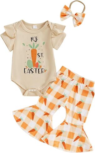 Newborn Baby Girl Easter Outfit Short Sleeve Letter Romper T-shirt Easter Bunny Flare Pants Summer Clothes Set in Saudi Arabia