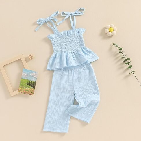 Toddler Baby Girl 4th of July Outfit Flag Bow Smocked Tops Elasitc Plaid Pants Infant Summer Fourth of July Outfits in Saudi Arabia