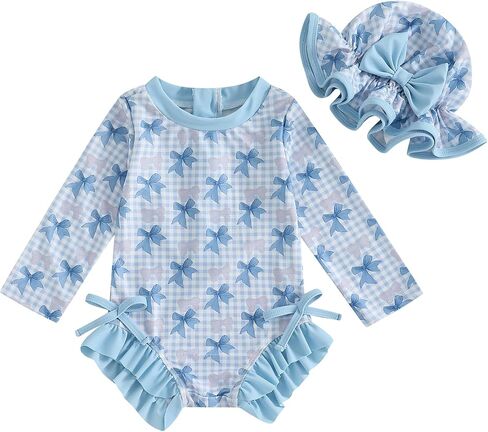Infant Baby Girl Swimsuit Bow Print Long Sleeve Zipper One Piece Bathing Suit with Sun Hat Swimwear Rash Guard in Kuwait
