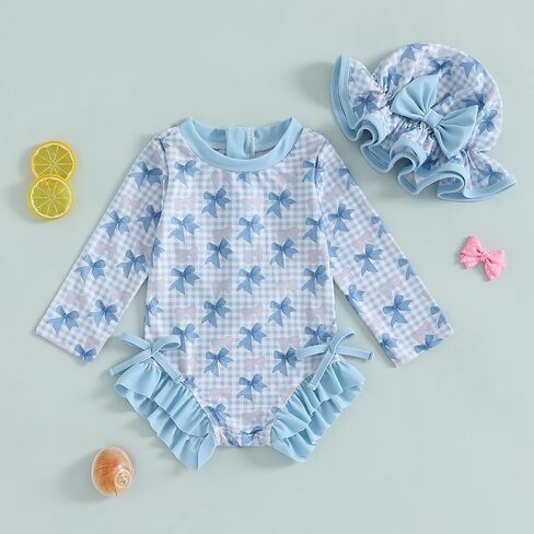 Infant Baby Girl Swimsuit Bow Print Long Sleeve Zipper One Piece Bathing Suit with Sun Hat Swimwear Rash Guard in Kuwait