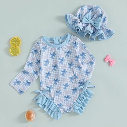 Infant Baby Girl Swimsuit Bow Print Long Sleeve Zipper One Piece Bathing Suit with Sun Hat Swimwear Rash Guard in Kuwait