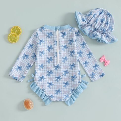 Infant Baby Girl Swimsuit Bow Print Long Sleeve Zipper One Piece Bathing Suit with Sun Hat Swimwear Rash Guard in Kuwait