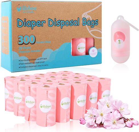 Disposable Diaper Bags for Baby - 20 Refill Rolls (300 Pack), Disposable Trash Bag with Dispenser - Cherry Blossom Scented, Pink, Ideal for Diaper Dispoal in Saudi Arabia