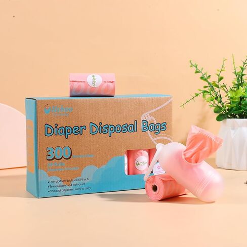 Disposable Diaper Bags for Baby - 20 Refill Rolls (300 Pack), Disposable Trash Bag with Dispenser - Cherry Blossom Scented, Pink, Ideal for Diaper Dispoal in Saudi Arabia