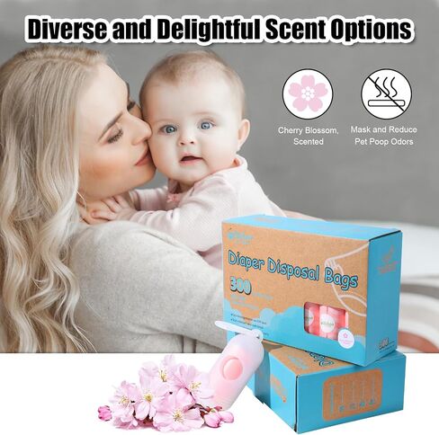 Disposable Diaper Bags for Baby - 20 Refill Rolls (300 Pack), Disposable Trash Bag with Dispenser - Cherry Blossom Scented, Pink, Ideal for Diaper Dispoal in Saudi Arabia