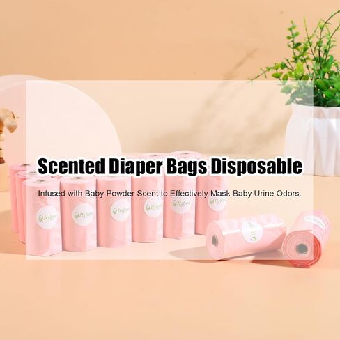 Disposable Diaper Bags for Baby - 20 Refill Rolls (300 Pack), Disposable Trash Bag with Dispenser - Cherry Blossom Scented, Pink, Ideal for Diaper Dispoal in Saudi Arabia