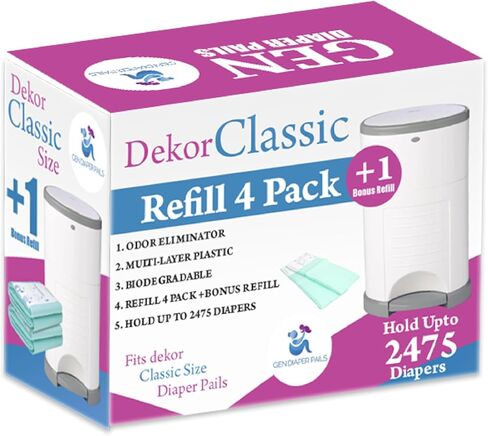 Pack of 4 +1 More Diaper Refill Liners Refills Compatible with DEKOR CLASSIC Diaper Pails Exclusive 30% Extra Thickness Diaper Pail Refills with Powerful Odor Elimination Leakage-proof, Powder Scent in Kuwait