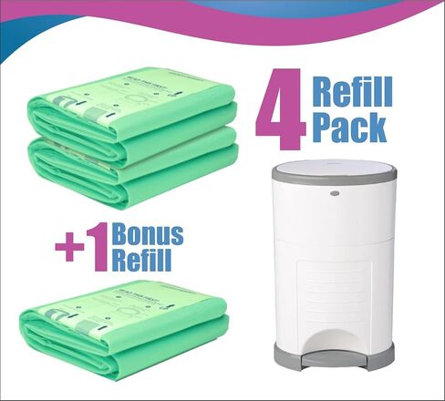 Pack of 4 +1 More Diaper Refill Liners Refills Compatible with DEKOR CLASSIC Diaper Pails Exclusive 30% Extra Thickness Diaper Pail Refills with Powerful Odor Elimination Leakage-proof, Powder Scent in Kuwait
