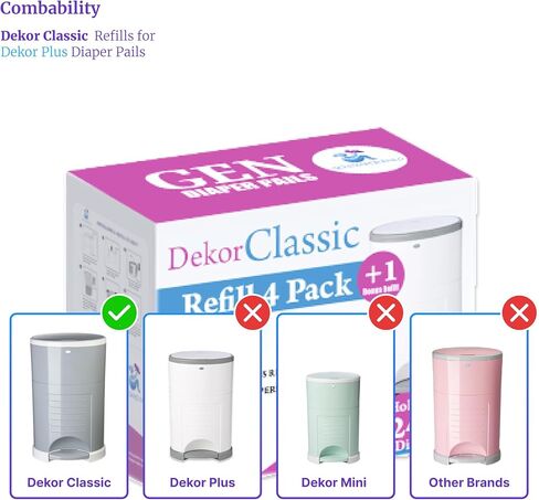 Pack of 4 +1 More Diaper Refill Liners Refills Compatible with DEKOR CLASSIC Diaper Pails Exclusive 30% Extra Thickness Diaper Pail Refills with Powerful Odor Elimination Leakage-proof, Powder Scent in Kuwait