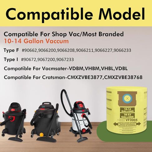 12 حزمة الفراغ أكياس متوافقة مع متجر VAC 10-14 جالون ، النوع F 90662 9066200 9066233 النوع I 90672 9067200 9067233 VF2005 أكياس غبار غرامة قابلة للتخلص in Kuwait