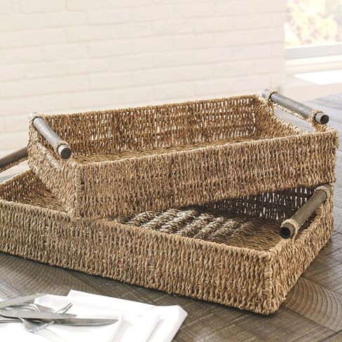 تصميم مميز من آشلي حليمة، طقم صينية تخزين منسوجة مستطيلة بوهيمية مكونة من قطعتين، بني داكن in Kuwait