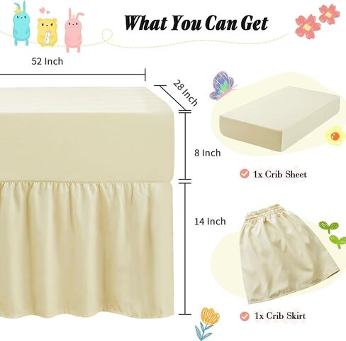 Horbaunal 2 Pack Crib Skirt & Crib Bed Sheet ، تنورة سرير كريمة 28 "× 52" مع 14 "قطرة كشكش غبار ، ناعم صغير من الألياف الدقيقة سرير سرير سرير سرير سرير للبنات والفتيان in Kuwait