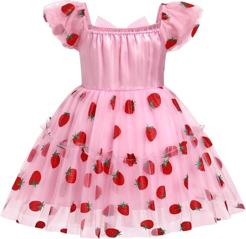 OBEEII Toddler Girls Strawberry/Star Princess Tulle Dress Birthday Baptism Gown Flower Girl Dress Wedding Pageant Dress in Kuwait