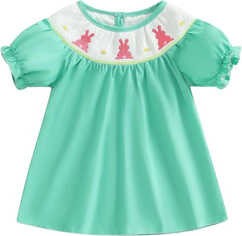Toddler Girl Easter Smocked Dress Fly/Short Sleeve Bunny Embroidery Dresses Cute Summer Smocked Outfit in Kuwait