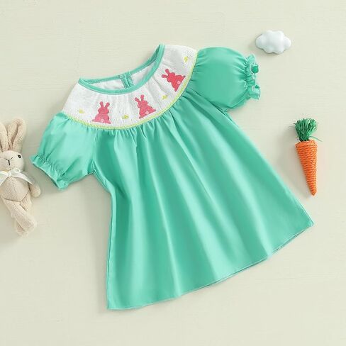 Toddler Girl Easter Smocked Dress Fly/Short Sleeve Bunny Embroidery Dresses Cute Summer Smocked Outfit in Kuwait