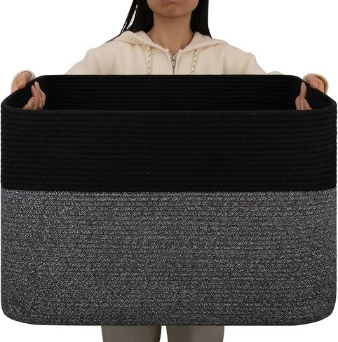 OIAHOMY 108L Extra Large Blanket Basket, 25"x16"x16" Laundry Basket, Blanket Storage for Living Room, Dog Toy Storage with Handle - Brown & White in Saudi Arabia