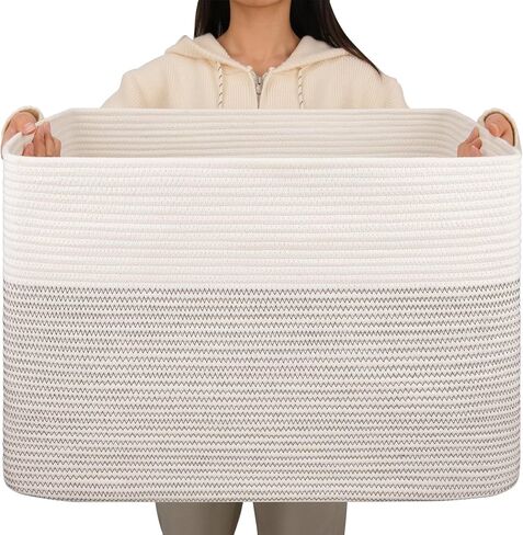 OIAHOMY 108L Extra Large Blanket Basket, 25"x16"x16" Laundry Basket, Blanket Storage for Living Room, Dog Toy Storage with Handle - Brown & White in Kuwait