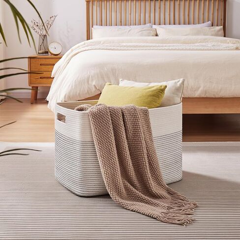 OIAHOMY 108L Extra Large Blanket Basket, 25"x16"x16" Laundry Basket, Blanket Storage for Living Room, Dog Toy Storage with Handle - Brown & White in Kuwait