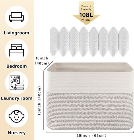 OIAHOMY 108L Extra Large Blanket Basket, 25"x16"x16" Laundry Basket, Blanket Storage for Living Room, Dog Toy Storage with Handle - Brown & White in Kuwait