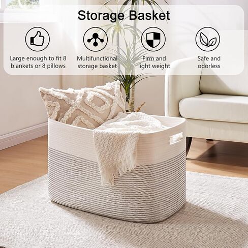 OIAHOMY 108L Extra Large Blanket Basket, 25"x16"x16" Laundry Basket, Blanket Storage for Living Room, Dog Toy Storage with Handle - Brown & White in Kuwait