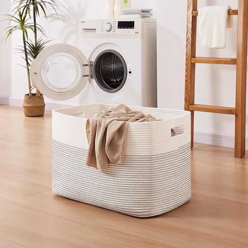 OIAHOMY 108L Extra Large Blanket Basket, 25"x16"x16" Laundry Basket, Blanket Storage for Living Room, Dog Toy Storage with Handle - Brown & White in Kuwait