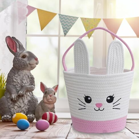 سلال أرنب عيد الفصح ، قماشية بيض بيض صيد الأكياس بيض سلة مع مقابض ، عيد الفصح Grasshandbag Rabbit Fluffy Tails احتفال دلو الحمل لعيد الفصح (الوردي) in Kuwait