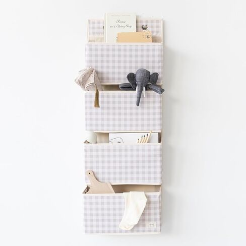3 Sprouts Over Door Organizer, 4 Pockets, Hooks Included, Gingham Beige | Hanging nursery storage, 4 large pockets, Hooks included, Fits standard doors, Toy organizer for room/closet, Bedroom storage in Saudi Arabia
