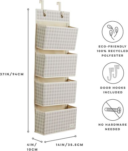 3 Sprouts Over Door Organizer, 4 Pockets, Hooks Included, Gingham Beige | Hanging nursery storage, 4 large pockets, Hooks included, Fits standard doors, Toy organizer for room/closet, Bedroom storage in Saudi Arabia