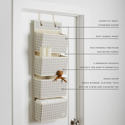 3 Sprouts Over Door Organizer, 4 Pockets, Hooks Included, Gingham Beige | Hanging nursery storage, 4 large pockets, Hooks included, Fits standard doors, Toy organizer for room/closet, Bedroom storage in Saudi Arabia