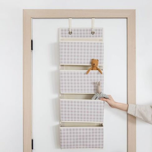 3 Sprouts Over Door Organizer, 4 Pockets, Hooks Included, Gingham Beige | Hanging nursery storage, 4 large pockets, Hooks included, Fits standard doors, Toy organizer for room/closet, Bedroom storage in Saudi Arabia