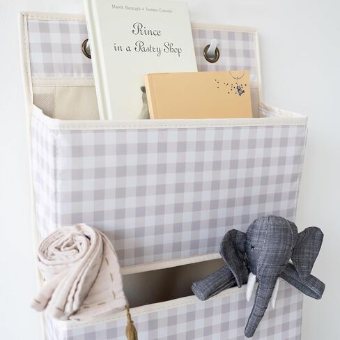 3 Sprouts Over Door Organizer, 4 Pockets, Hooks Included, Gingham Beige | Hanging nursery storage, 4 large pockets, Hooks included, Fits standard doors, Toy organizer for room/closet, Bedroom storage in Saudi Arabia