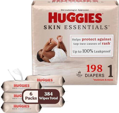 Bundle of Huggies Size 1 Diapers, Skin Essentials Baby Diapers, Size 1 (8-14 lbs), 198 Count (3 Packs of 66) + Huggies Skin Essentials Baby Wipes,99% Water, 6 Flip Top Packs (336 Wipes Total) in Saudi Arabia
