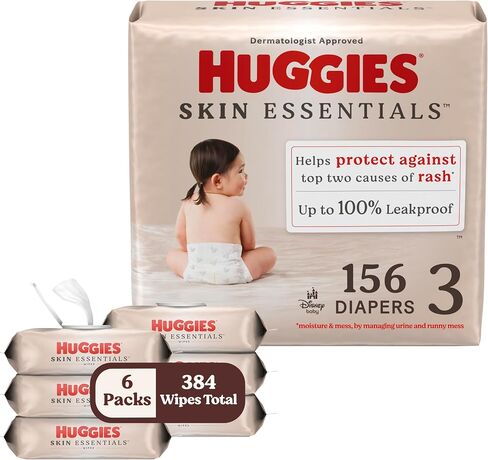 Bundle of Huggies Size 1 Diapers, Skin Essentials Baby Diapers, Size 1 (8-14 lbs), 198 Count (3 Packs of 66) + Huggies Skin Essentials Baby Wipes,99% Water, 6 Flip Top Packs (336 Wipes Total) in Saudi Arabia