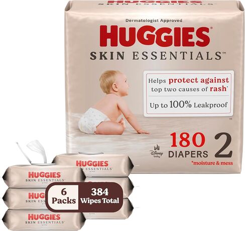 Bundle of Huggies Size 1 Diapers, Skin Essentials Baby Diapers, Size 1 (8-14 lbs), 198 Count (3 Packs of 66) + Huggies Skin Essentials Baby Wipes,99% Water, 6 Flip Top Packs (336 Wipes Total) in Saudi Arabia