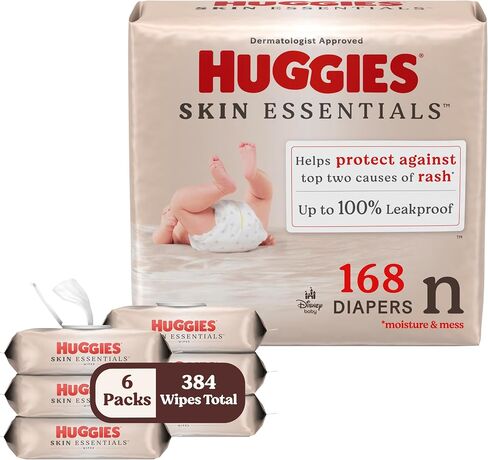 Bundle of Huggies Size 1 Diapers, Skin Essentials Baby Diapers, Size 1 (8-14 lbs), 198 Count (3 Packs of 66) + Huggies Skin Essentials Baby Wipes,99% Water, 6 Flip Top Packs (336 Wipes Total) in Saudi Arabia