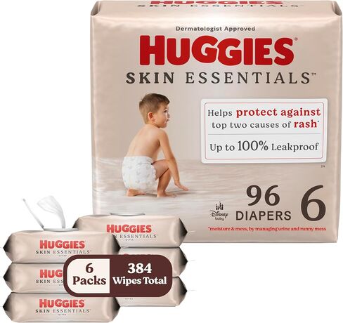 Bundle of Huggies Size 1 Diapers, Skin Essentials Baby Diapers, Size 1 (8-14 lbs), 198 Count (3 Packs of 66) + Huggies Skin Essentials Baby Wipes,99% Water, 6 Flip Top Packs (336 Wipes Total) in Saudi Arabia