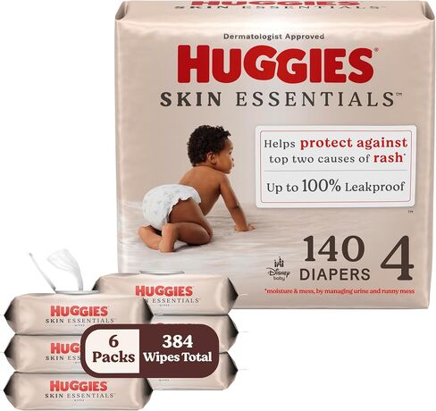 Bundle of Huggies Size 1 Diapers, Skin Essentials Baby Diapers, Size 1 (8-14 lbs), 198 Count (3 Packs of 66) + Huggies Skin Essentials Baby Wipes,99% Water, 6 Flip Top Packs (336 Wipes Total) in Saudi Arabia