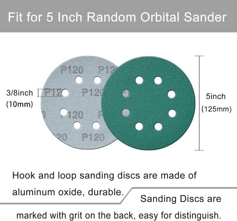 أقراص رملية 5 بوصة 8 بوصة ، 100 قطعة من أجهزة الرملي الجاف مجموعة 600 800 1000 1500 2000 حزام متنوعة من ورق الصنفرة المدعومة من بوليستر خضراء مع وسادة واجهة لسندر مداري عشوائي in Kuwait