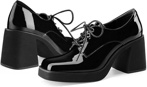 Oh Mispares Women's Chunky Heeled Oxfords Square Toe Platform Oxford Shoes for Women Lace-up Patent Leather Shoes Comfortable Business Dress Pump Shoes for Work in Kuwait