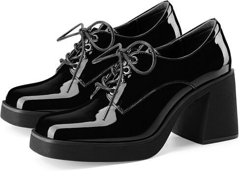 Oh Mispares Women's Chunky Heeled Oxfords Square Toe Platform Oxford Shoes for Women Lace-up Patent Leather Shoes Comfortable Business Dress Pump Shoes for Work in Kuwait